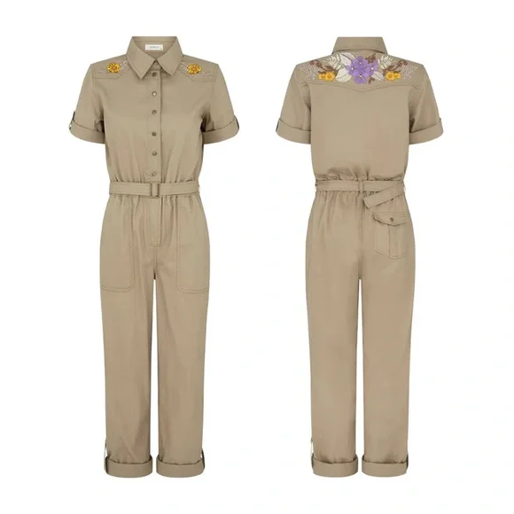 Spell Foxglove Embroidered Boiler Suit in Khaki - Picture 9 of 11